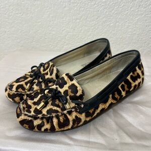 Michael Kors Juliette Driving Loafer Black Tan Leopard Calf Hair Shoe Size 7.5